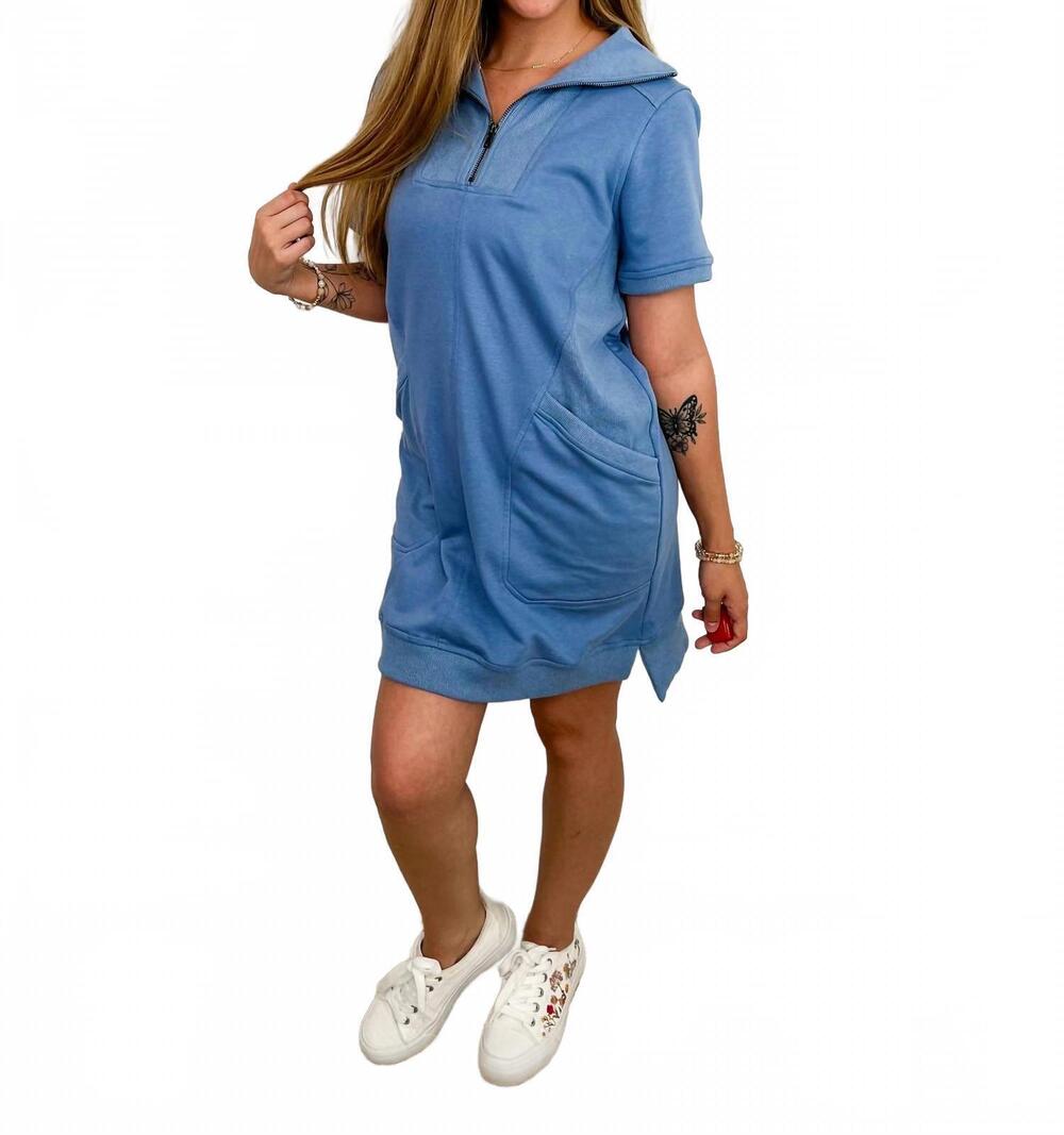 NEW DOE AND RAE setting the pace cotton blend short sleeve mini dress in blue